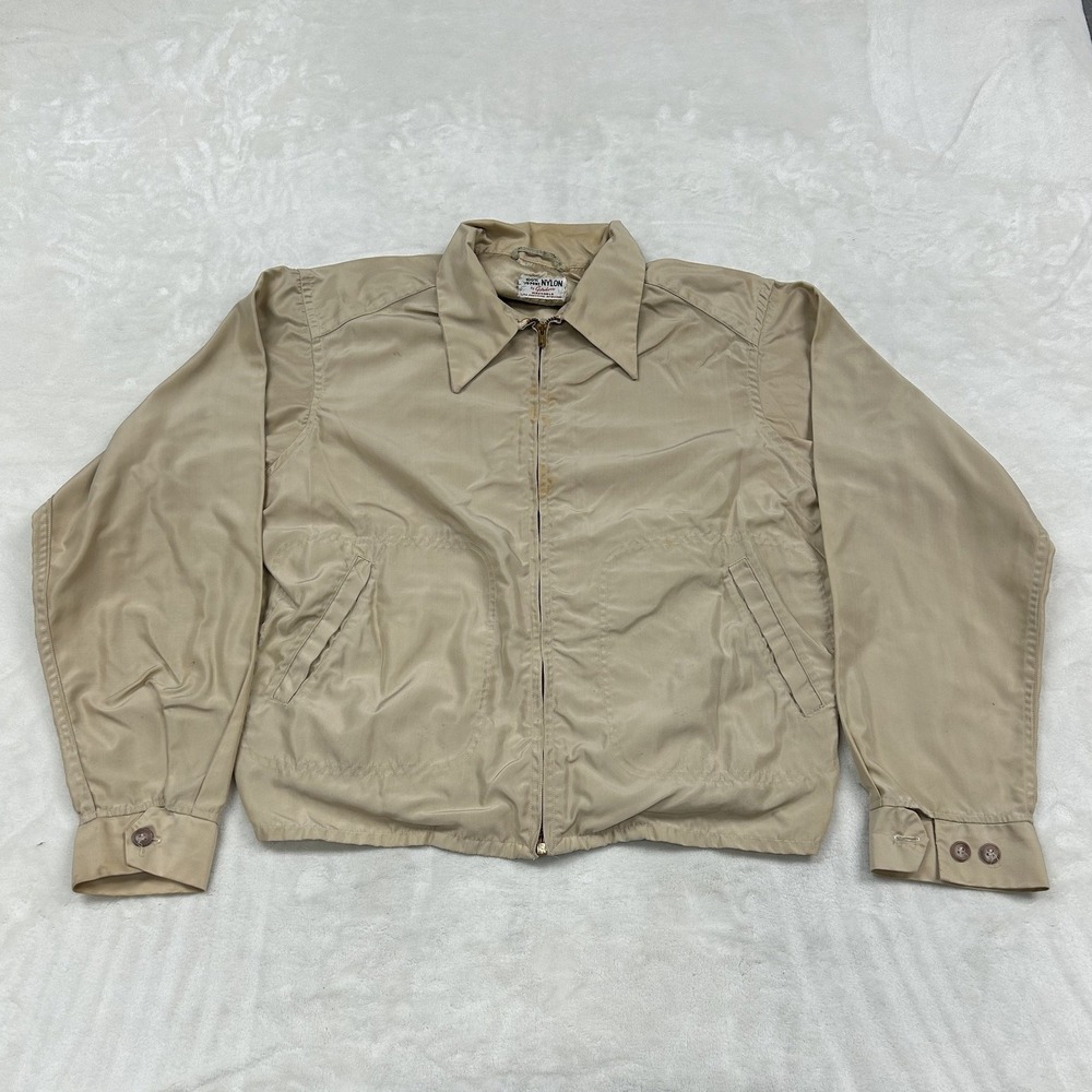 60s Gordon Windbreaker Jacket Mens XL Beige Vintage Nylon Full Zip Talon